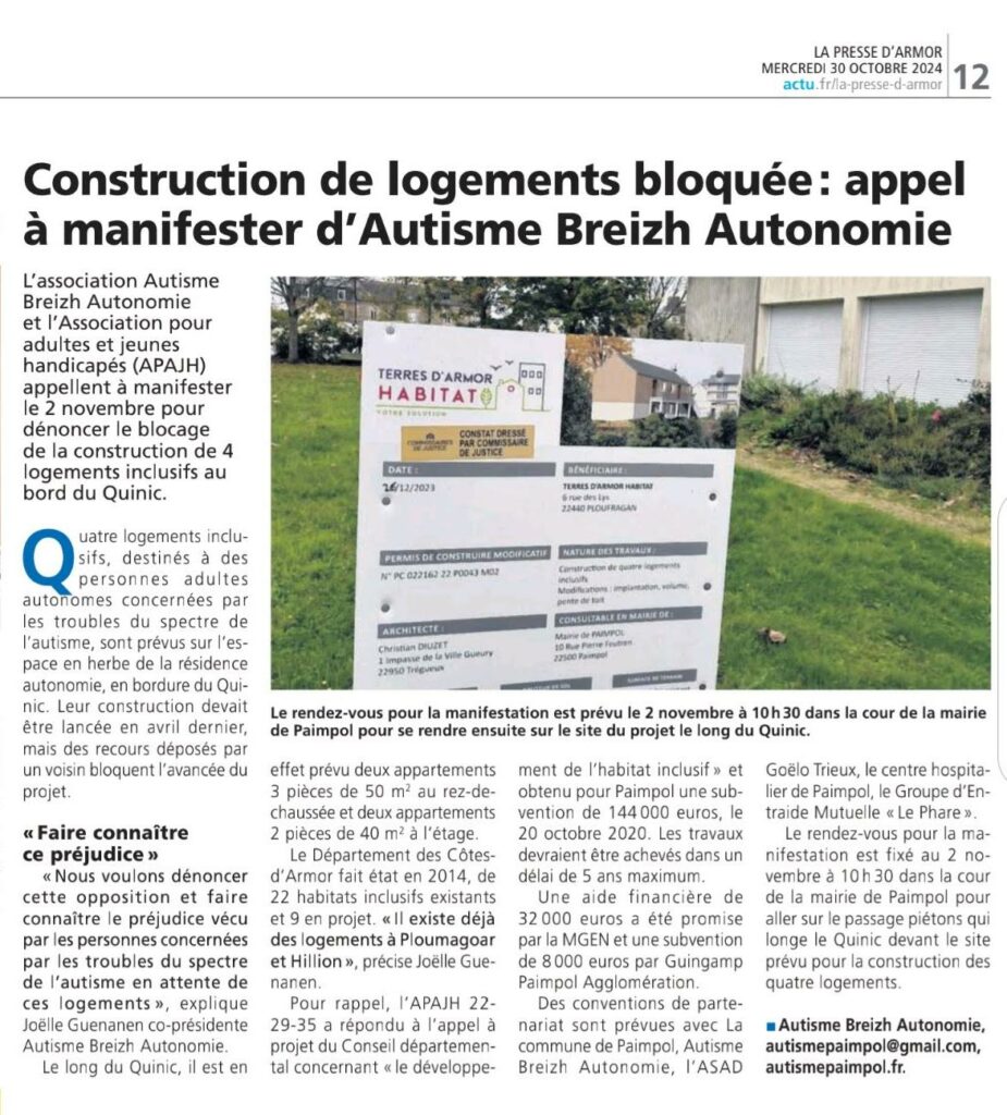 Article "Construction de logements bloquée : appel à manifester d'Autisme Breizh Autonomie